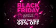 © VECTOR DREAMER - Vibrant Black Friday sale banner with bold pink typography, glowing pink shopping bag icons, and festive confetti elements on a dark gradient background, highlighting a limited-time 60% discount.