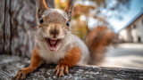 A close up of a squirrel with its mouth open sitting on a wooden surface looking at the viewer