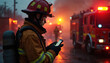 © Vadym - Firefighter in gear uses phone near trucks at dusk. Emergency response scene unfolds with flashing lights and smoke. Urban incident command uses mobile device for communication.