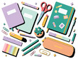 © Nirob - Vector illustration of a vibrant assortment of school and office supplies, including notebooks, pens, scissors, and markers, arranged on a