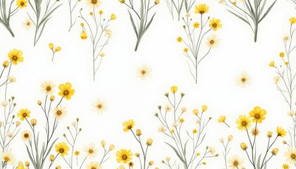 Naklejka na meble Delicate yellow flower pattern on white background. Seamless floral design suitable for textile prints and greeting cards. This illustration offers a fresh aesthetic ideal for spring summer themes.