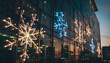 © Irfan - Festive holiday spirit shines with vibrant snowflake lights adorning a modern building, creating a magical winter wonderland cityscape at dusk