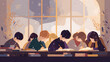 © adomon - Illustration of a landscape of young people studying in a library