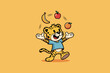 © Niken - Cute cartoon cheetah juggling fruits with a happy expression.