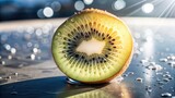 A vibrant, translucent kiwi fruit skin bubble gently glistens in the spotlight