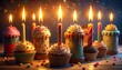 © DelightGrid - Ten colorful cupcakes topped with striped lit candles form a festive birthday scene, glowing warmly with celebratory decorations and joyful atmosphere, marking a tenth birthday or anniversary.