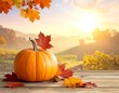 © kabel - Pumpkin and leaves on a wooden table, with sunrise hills behind