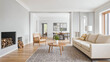 © janzwolinski - Modern living room interior with fireplace, sofa, and dining area