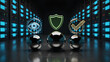 © Giggles - Vigilant security audit icon shield verify in futuristic server room, cyber defense concept with eye symbol, chrome sphere reflection, datacenter corridor glow, modern network protection confidence