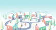 © Saeed - Charming winter village scene with pastel houses, snow-covered trees, and children exchanging gifts, perfect for holiday greetings and seasonal designs