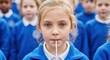 © Yana - Young girl sipping from a straw while surrounded by classmates in blue uniforms at an outdoor event during daytime