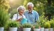 © Viktor - Asian senior woman waters potted plants. Her husband stands beside, both smile. Happy old couple enjoy garden hobby. They care for green flowers outdoors in sunlight.