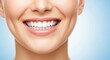 © Yana - Bright and cheerful smile of a woman against a soft blue background showcasing dental health and happiness