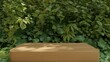 © VectorBoss1 - Wooden podium in lush green environment with plants and ferns backdrop