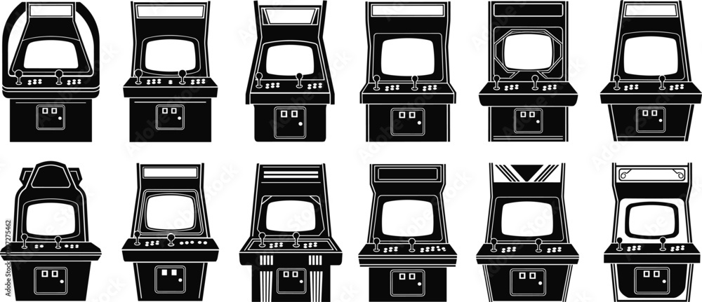Arcade cabinet vector set, black and white retro gaming icons, joystick ...