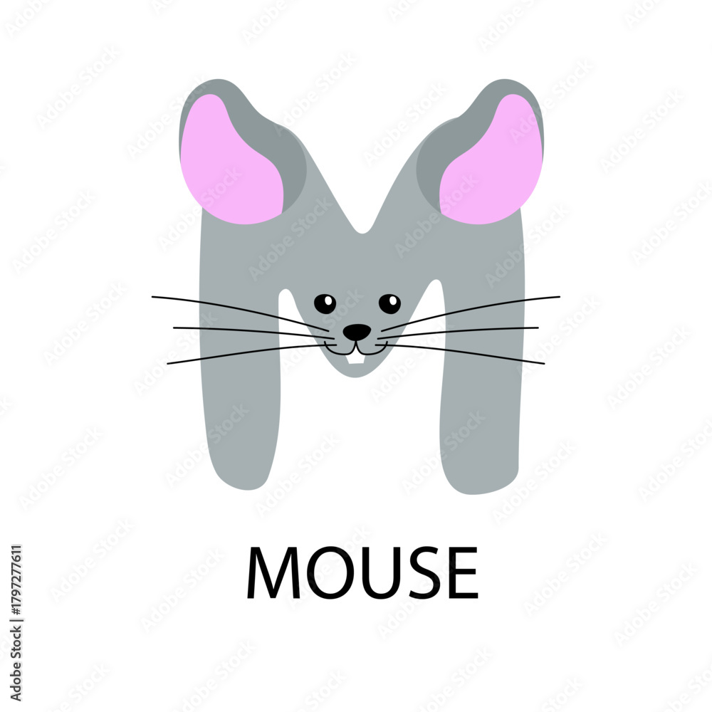 Cute cartoon mouse forming the letter M for an animal alphabet concept ...
