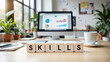 © Alexandr Peers - Workplace upskilling idea with cubes spelling skills on a desk in front of analytics charts on a computer monitor, useful for employee development programs and online course landing pages