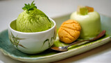 Closeup at Japanese style green tea Matcha ice cream desserts and sweet cookies