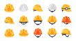 © Kris - A diverse collection of industrial safety helmets and construction hard hats in various colors and styles.
