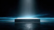 © Keopaserth - Minimalist white mattress levitating on reflective floor beneath dramatic spotlight with soft blue ambient light and futuristic atmosphere, serene modern product presentation evoking calm comfort