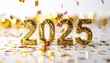 © otra - Golden 2025 inscription with falling confetti and bokeh lights celebrating the new year