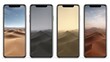 © Oleh - Four modern smartphones in a row displaying colorful desert sand dune wallpapers, showcasing varied warm tones and landscape gradients on isolated white studio backgrounds