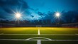 © z - floodlights. An empty football field under dusk floodlights, capturing serene anticipation before the game begins. event key visuals, club posters, designed for fitness apps and gym onboarding.