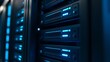 © XIN KONG - serverroom. Abstract close-up of rackmount server cabinet with glowing blue LED accents, technological infrastructure. product launch decks.