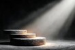 © tienuskin - Illuminated Steps to Achievement: Three elegant steps bathed in a heavenly spotlight, casting a dramatic shadow and creating an atmosphere of anticipation and accomplishment.
