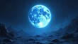 © Pete - Bright blue moon illuminates alien planet surface with rocky terrain. Distant stars dot dark sky creating mystical space scene. Cosmic exploration theme.