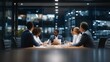 © Tania - A diverse team of lawyers gathered around a sleek conference table in a glass-walled office, collaborating on digital case files displayed on tablets and laptops — a powerful representation of