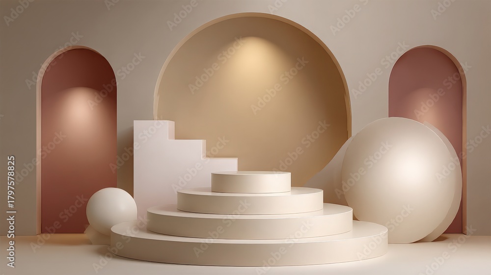 A tranquil interior showcases minimalistic design with smooth geometric shapes. Curved walls and natural light create a serene atmosphere, emphasizing elegance and simplicity.