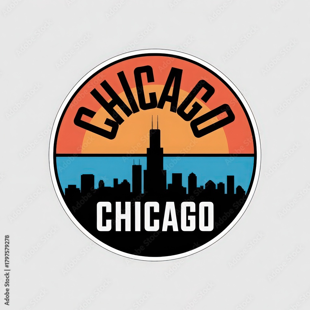 This badge features the Chicago skyline with a bold sunset in orange and blue. It highlights iconic buildings, perfect for showcasing city pride and attracting tourists.
