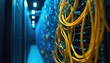 © Pete - Tangled network cables in data center server room. Yellow, blue wires form complex maze, suggesting intricate digital infrastructure, connectivity issues advanced tech. Blurred background with lights.