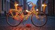 © Maya - Festive bicycle adorned with twinkling lights on a snowy cobblestone street