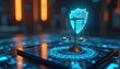 © Pete - Metal scales of justice rest on digital interface with glowing shield icon symbolizing cyber law and online security. Technology meets legal system in futuristic concept.