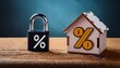 © Kerry - home loan rate protection percentage symbol house miniature and padlock on a rustic wood surface