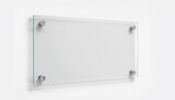 Transparent glass nameplate mounted on metal spacers, ideal for branding display