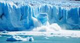 A massive glacier calving, with a large chunk of ice breaking off and crashing into the turquoise water below, creating a spectacular display of natures power and the dynamic forces of glacial melt