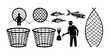 © BHER - Gillnet or gill and fish trap, bottom net of fishing and fishery industry, vector icons. Fishnet or fisher net trap for angling or hunting, fisherman hoop net or gill and fish cage.
