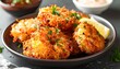 © men - Crispy Golden Brown Coconut Shrimp Appetizer Platter Garnished with Fresh Parsley and Lemon Wedges Served with Dipping Sauce on a Dark Plate Overhead View