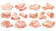 © liana - An illustrated collection of sliced ham, featuring various arrangements like stacks, folds, and rolls on a transparent background.