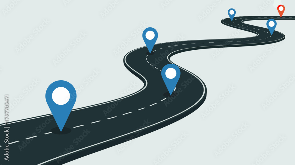 Winding road with multiple blue location pins marking the path towards ...