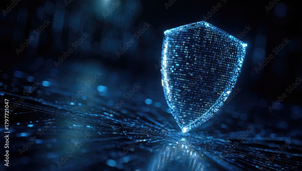 Glowing digital shield over abstract lines and dots representing ...