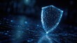 © Riru - Glowing digital shield over abstract lines and dots representing network security and protection