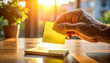 © Monmeo - Capturing a Note: A hand gently peels a bright yellow sticky note from a notepad, illuminated by the warm sunlight, embodying the essence of communication, reminders, and the beauty of simplicity.