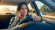 © W.O.W - Woman talking on cell phone while driving. Distracted driver concept. Road safety and responsible vehicle operation.