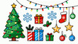 © NML - A collection of Christmas decorations, featuring cartoon hand-drawn vector illustrations, Christmas trees, bells, gifts, Christmas stockings, reindeer, Santa hats, snowflakes, five-pointed stars, and