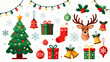 © NML - A collection of Christmas decorations, featuring cartoon hand-drawn vector illustrations, Christmas trees, bells, gifts, Christmas stockings, reindeer, Santa hats, snowflakes, five-pointed stars, and