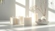 © taa - Serene Scene of White Pillar Candles and Decorative Eggs in a Sunlit Room Evoking Calmness and Purity